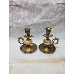 Antique, Pair Late 1800's Brass and Alabaster Candlestick Holders19th Century